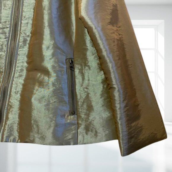 Chico's XL (3) Shimmer Metallic Puffer Jacket Olive Gold Light Zip Up Outerwear - Picture 7 of 11